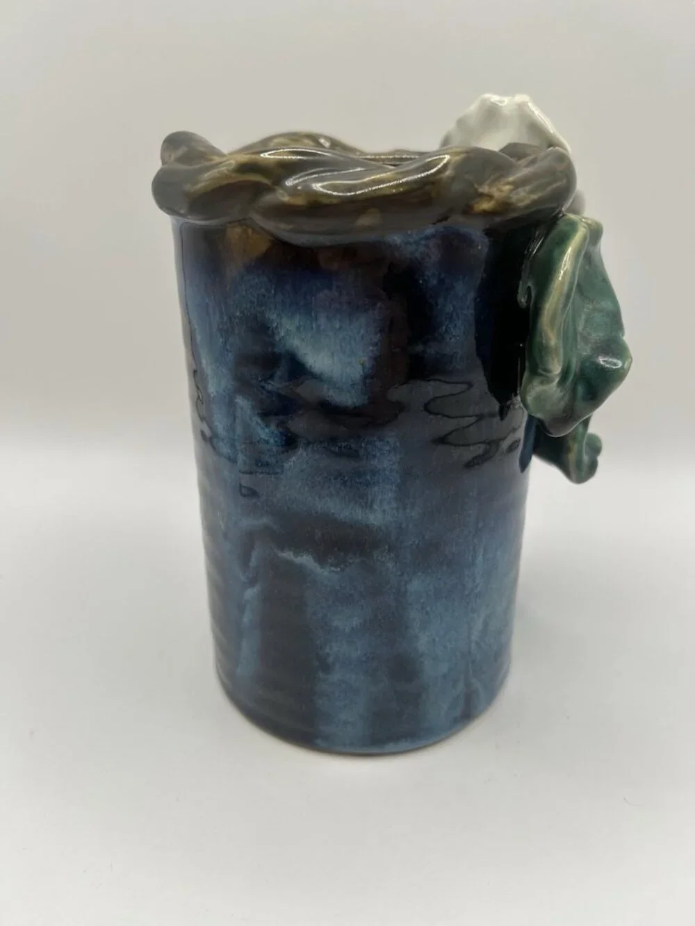 Handmade Studio Pottery Vase Blue Drip Glaze Floral Applied Art Vase Majolica￼